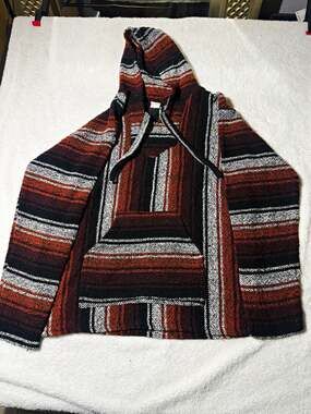 Del Mex Striped Baja Pullover Hoodie Brown Black Gray White Pockets Men’s XL